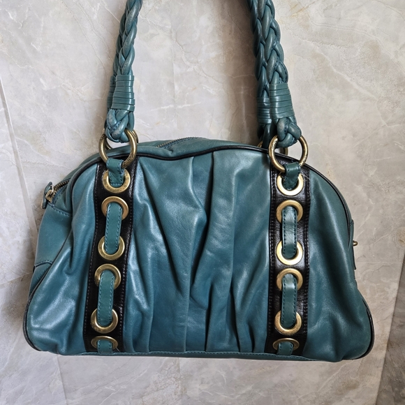 Kate Landry Blue and Gold Satchel with Structured Design - Picture 7 of 10